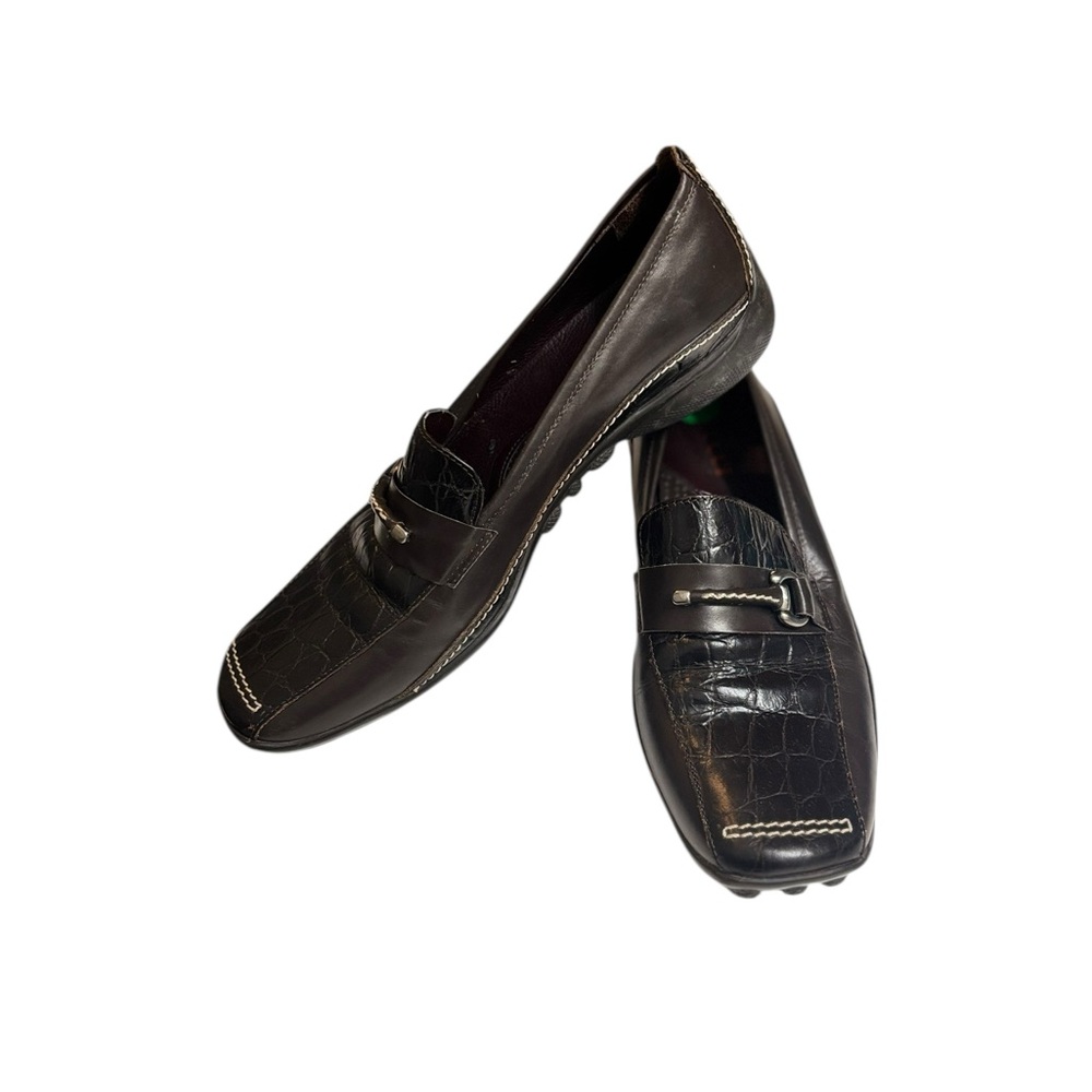 Sesto Meucci Brown Leather Loafers Womens Sz 8.5 Horse Bit Buckle Croc Embossed - Picture 13 of 14